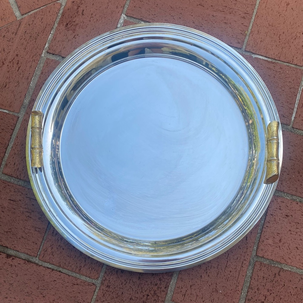 TRAY with Gold Bamboo Handles Silver Round Palm Beach Chic!